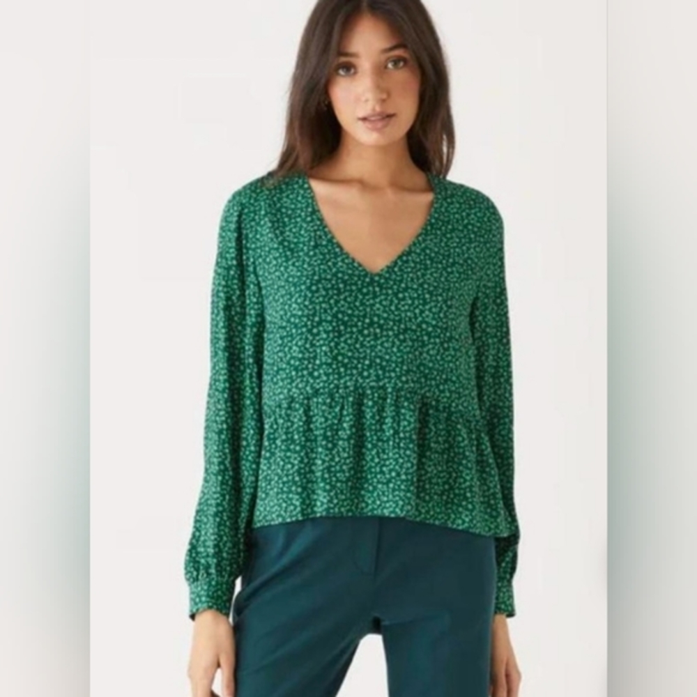 Frank & Oak Green Printed V-Neck Long Sleeve Peplum Top